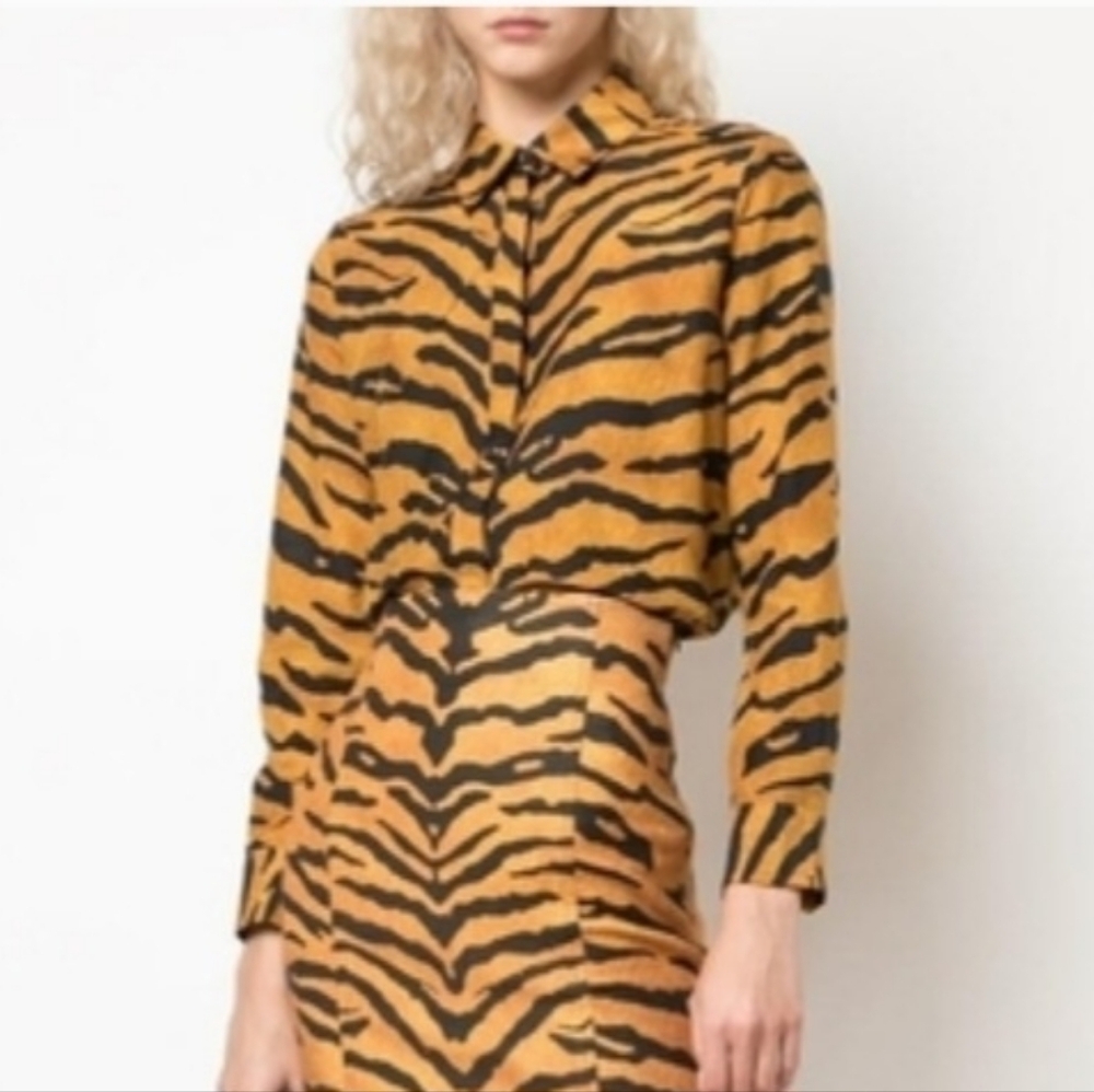 ADAM LIPPES Menswear Tiger-Print Button-Down Shirt In Orange/Black Size 2